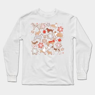 Catching ice and sweetness // spot // white background gingerbread white brown grey and dogs and snowflakes neon red details Long Sleeve T-Shirt